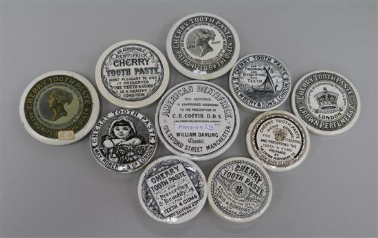 Nine Victorian cherry toothpaste pot lids, including May Roberts & Co. and Newbery & Sons together with an American Dentifrice pot lid